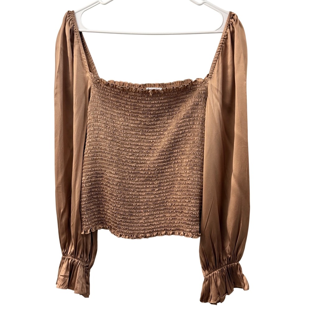 Smocked Satin Long-Sleeve Crop Top - Brown